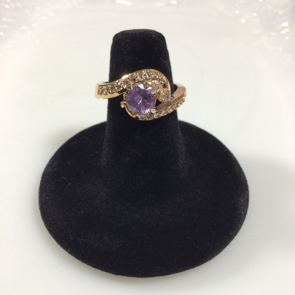 Sparkling Purple Amethyst and Pave Cubic Zirconia Gold Fashion Ring - Size 10